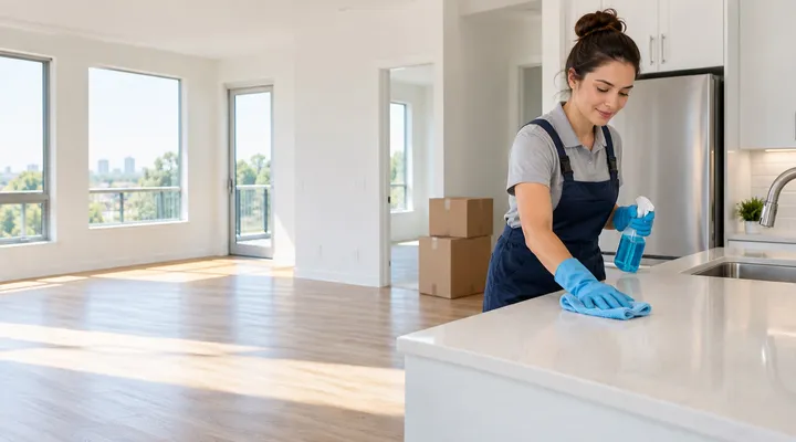 A cleaner wiping down the kitchen counter of an empty apartment, with moving boxes stacked in the next room