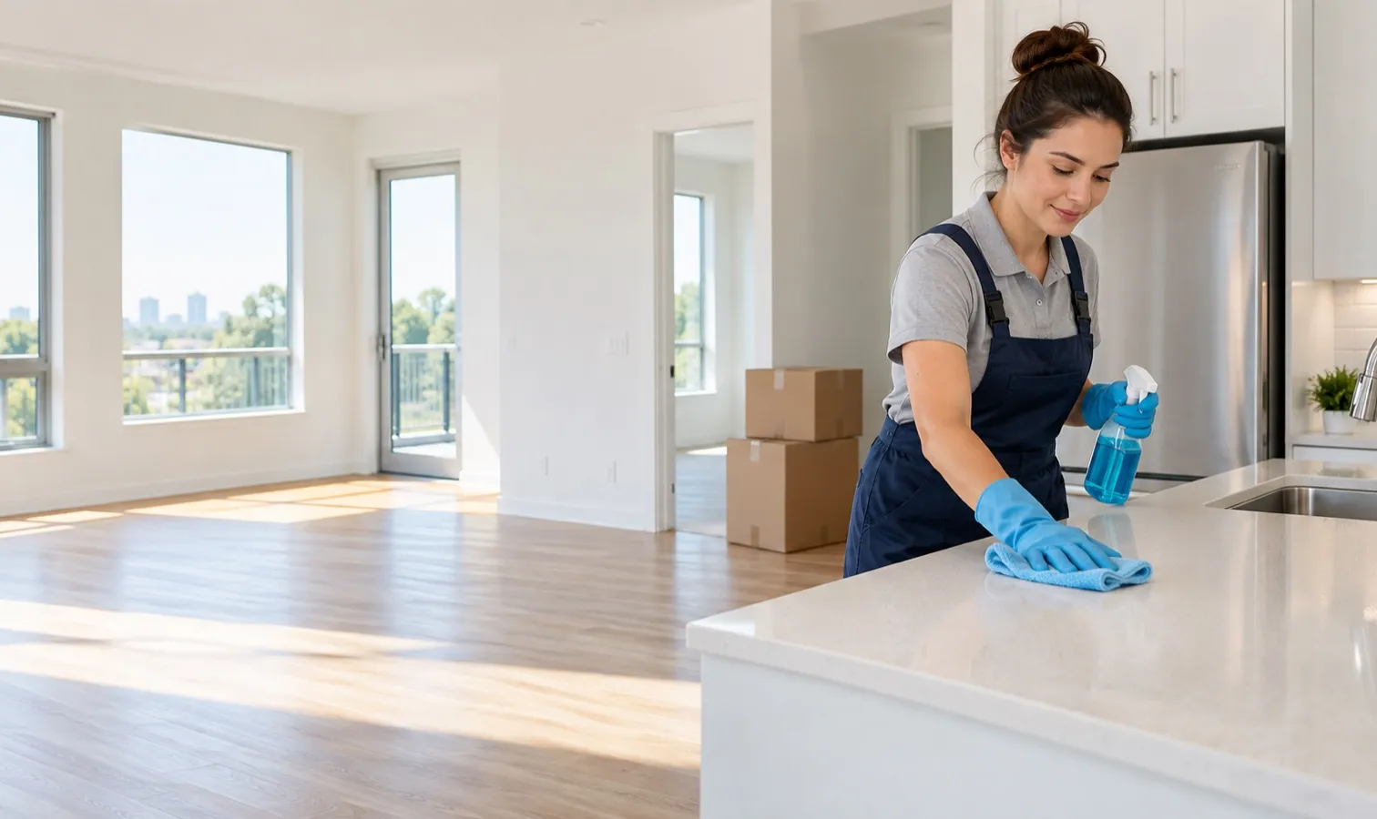 A cleaner wiping down the kitchen counter of an empty apartment, with moving boxes stacked in the next room