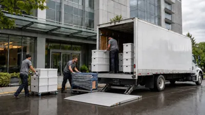Commercial moving truck outside an office building being loaded with boxes