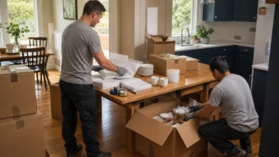 Movers carefully wrapping dishes and kitchenware in a customer's kitchen
