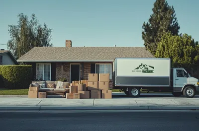 Mount Si Movers truck parked outside a residential home, loaded with boxes and furniture