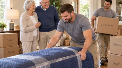 A Mount Si Movers crew wrapping furniture while an older couple looks on