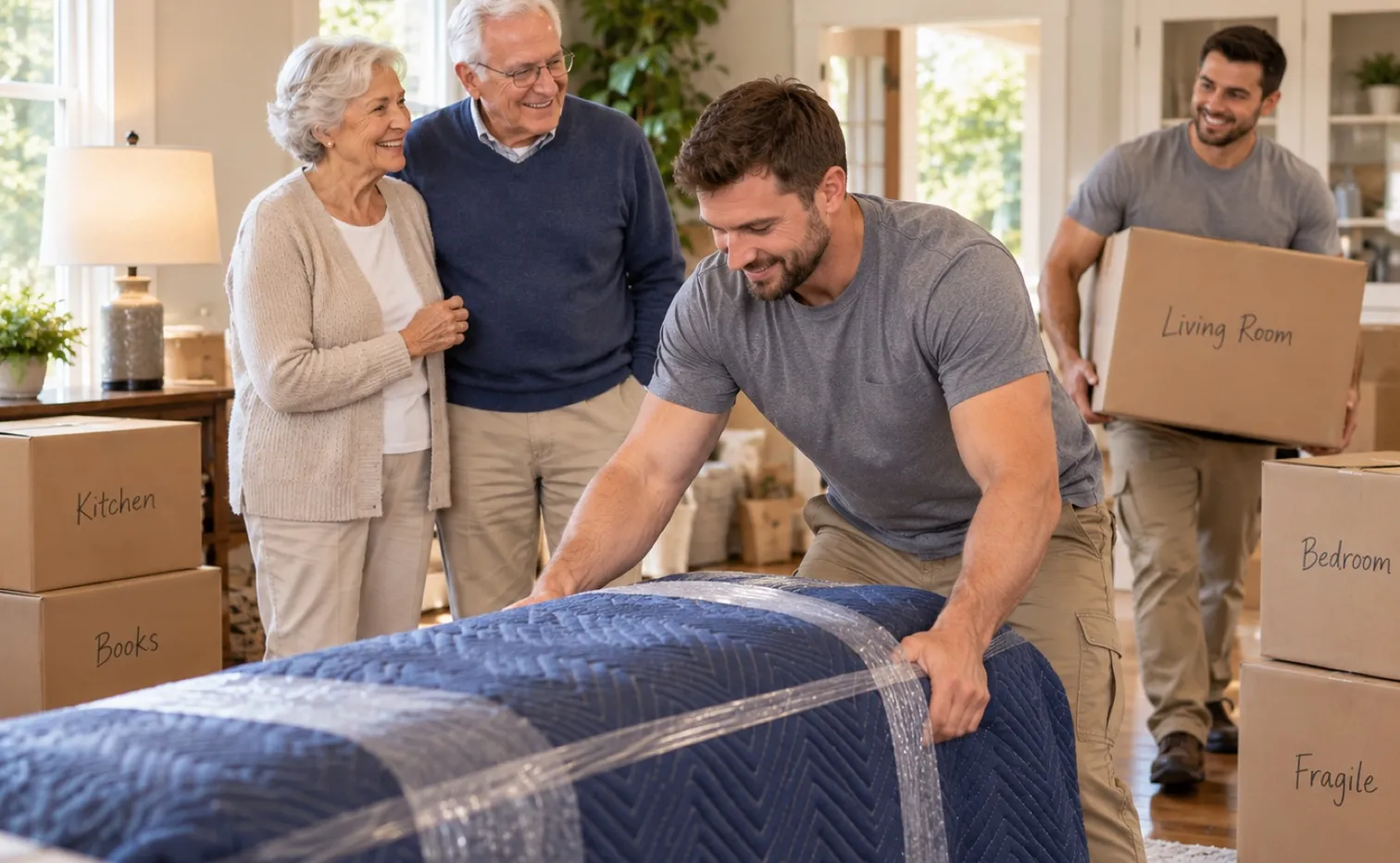 A Mount Si Movers crew wrapping furniture and carrying labelled boxes while an older couple looks on