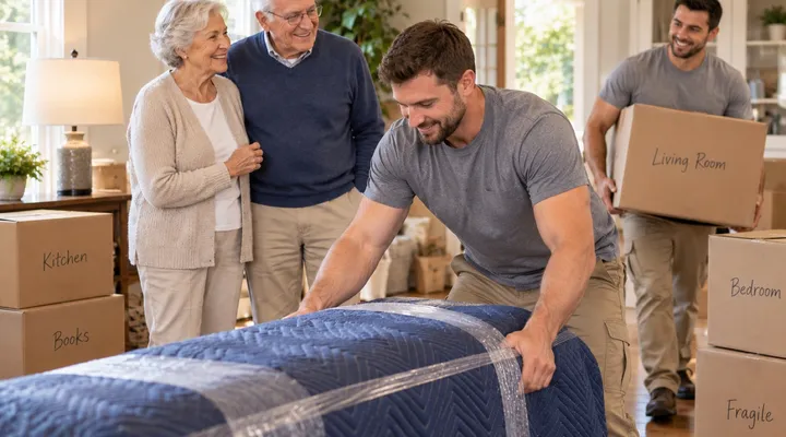 Movers wrapping furniture and carrying labelled boxes while an older couple looks on