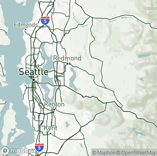 Street map of Greater Seattle showing the cities Mount Si Movers serves